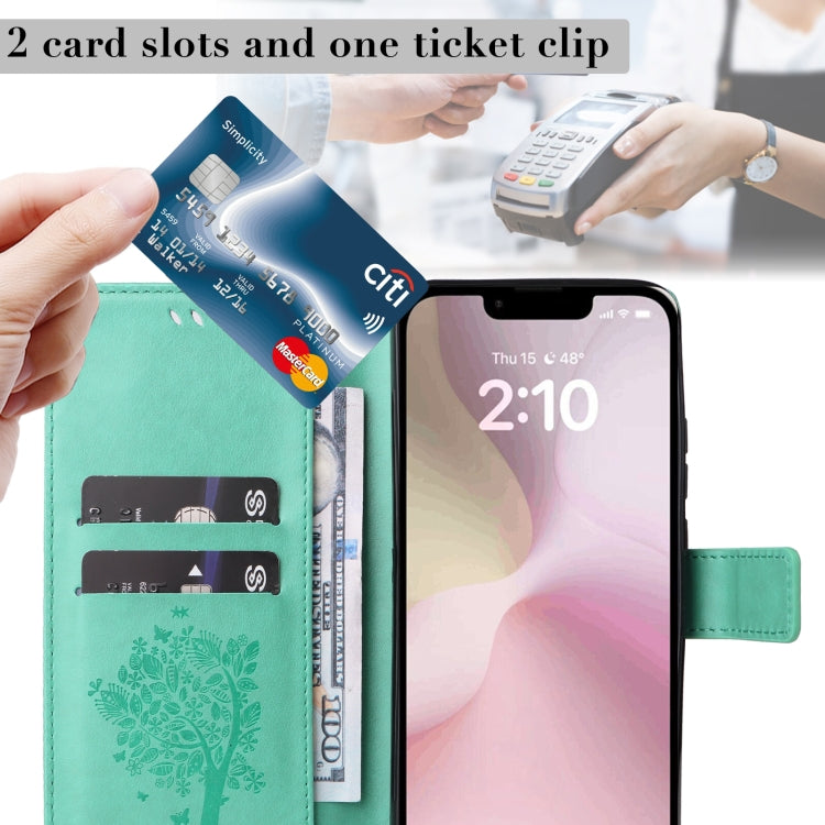 For iPhone 16e Tree & Cat Embossed Pattern Flip Leather Phone Case(Green) by bashfashion