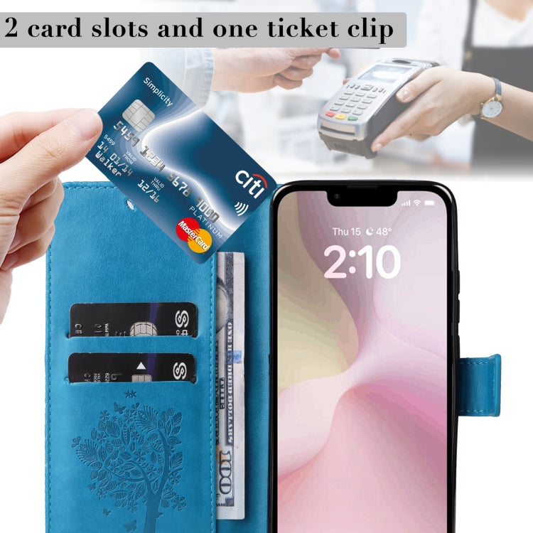 For iPhone 16e Tree & Cat Embossed Pattern Flip Leather Phone Case(Blue) by bashfashion