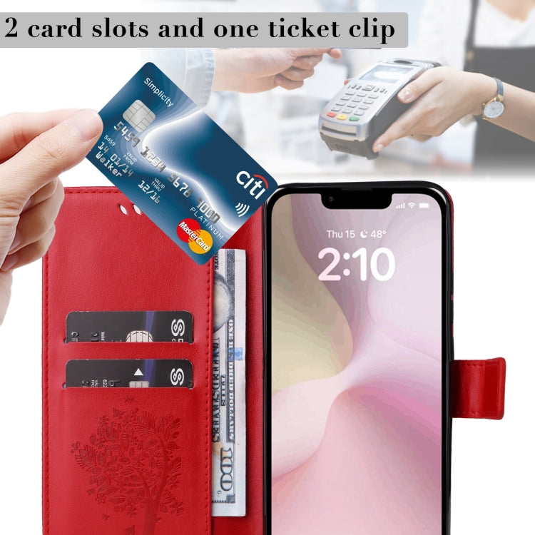 For iPhone 16e Tree & Cat Embossed Pattern Flip Leather Phone Case(Red) by bashfashion