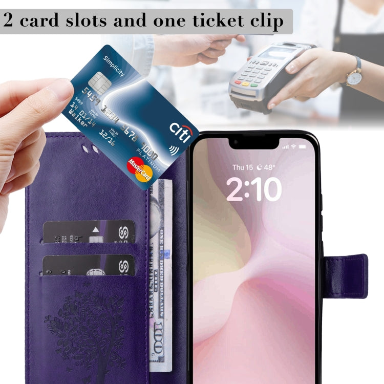 For iPhone 16e Tree & Cat Embossed Pattern Flip Leather Phone Case(Purple) by bashfashion