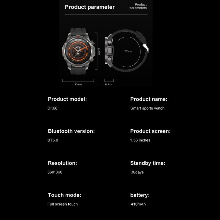 DK68 1.53 inch IP67 BT 5.0 Fitness Sport Smart Watch, Support LED Flashlight / Bluetooth Call / Sleep / Blood Oxygen / Heart Rate / Blood Pressure Health Monitor(Brown) by bashfashion