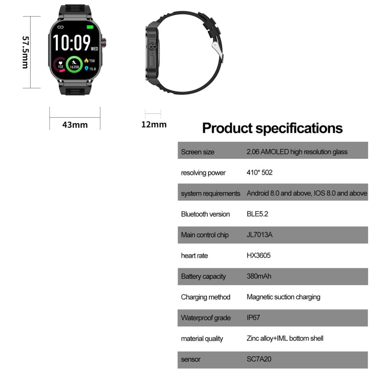 G40S 2.06 inch IP67 BT5.2 Sport Smart Watch, Support Bluetooth Call / Sleep / Blood Oxygen / Heart Rate / Blood Pressure Health Monitor(Grey) by bashfashion