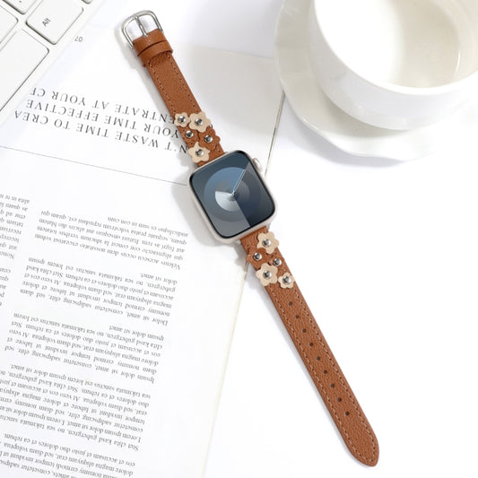 For Apple Watch SE 44mm Stitched Flower Leather Watch Band(Brown) by bashfashion