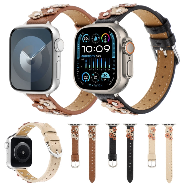 For Apple Watch SE 2023 44mm Stitched Flower Leather Watch Band(Khaki) by bashfashion