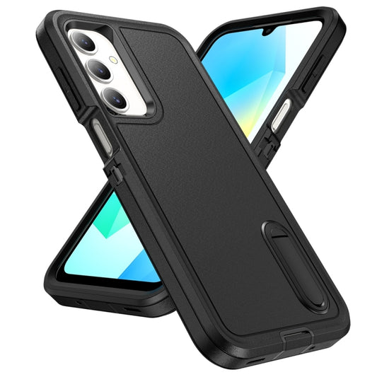 For Samsung Galaxy A16 4G Rugged PC Hybrid Silicone Phone Case with Holder(Black) by bashfashion