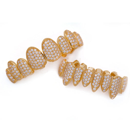 Hip Hop Braces Inlaid With Zircon, Eight Teeth Inlaid With Drill, Upper And Lower Dentures Set COS Props(Gold) by bashfashion