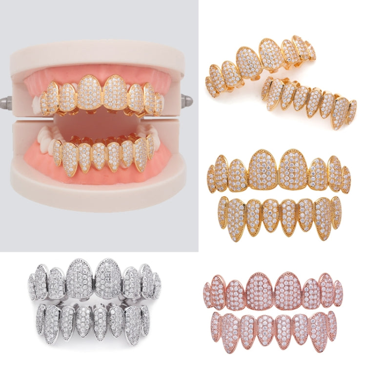 Hip Hop Braces Inlaid With Zircon, Eight Teeth Inlaid With Drill, Upper And Lower Dentures Set COS Props(Rose Gold) by bashfashion