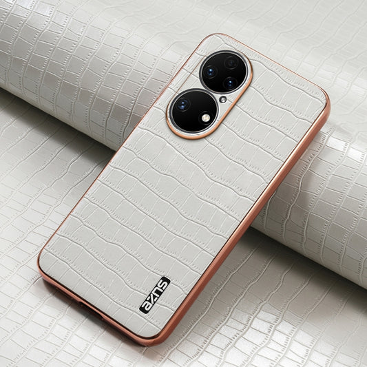For Huawei P50 Pro AZNS Electroplated Frame Crocodile Texture Full Coverage Phone Case(White) by AZNS