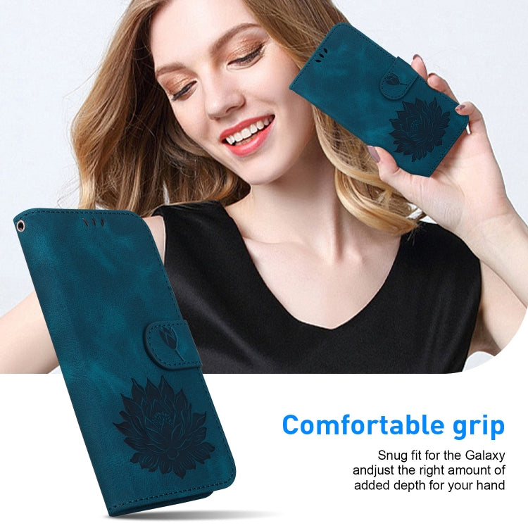 For iPhone 16e Lotus Embossed Leather Phone Case(Dark Blue) by bashfashion