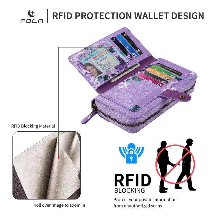 For iPhone 15 Pro POLA MagSafe Flower Multi-functional Zipper Wallet Leather Phone Case(Purple) by bashfashion