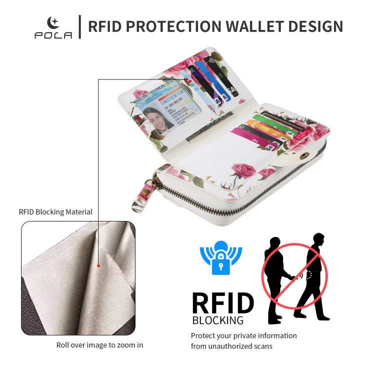For iPhone 15 Plus POLA MagSafe Flower Multi-functional Zipper Wallet Leather Phone Case(Beige) by bashfashion