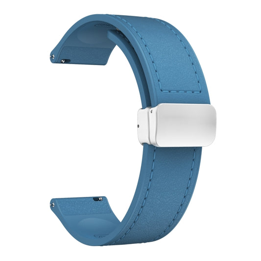 20mm Magnetic Silver Buckle Silicone Leather Watch Band(Blue) by bashfashion