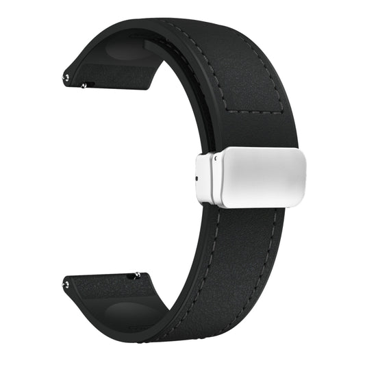 22mm Magnetic Silver Buckle Silicone Leather Watch Band(Black) by bashfashion