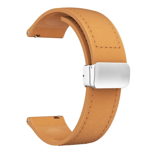 22mm Magnetic Silver Buckle Silicone Leather Watch Band(Light Brown) by bashfashion