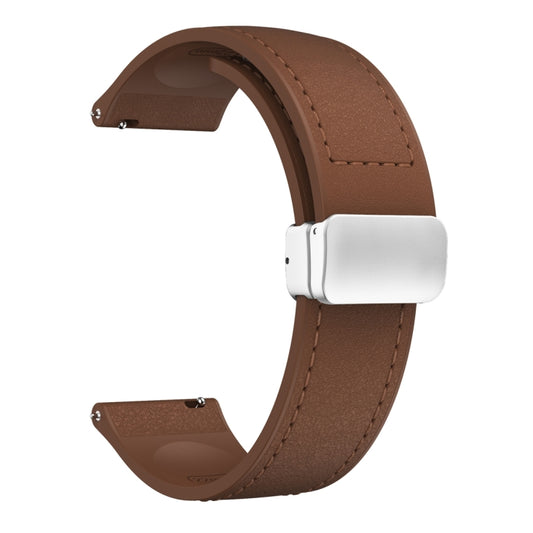22mm Magnetic Silver Buckle Silicone Leather Watch Band(Dark Brown) by bashfashion