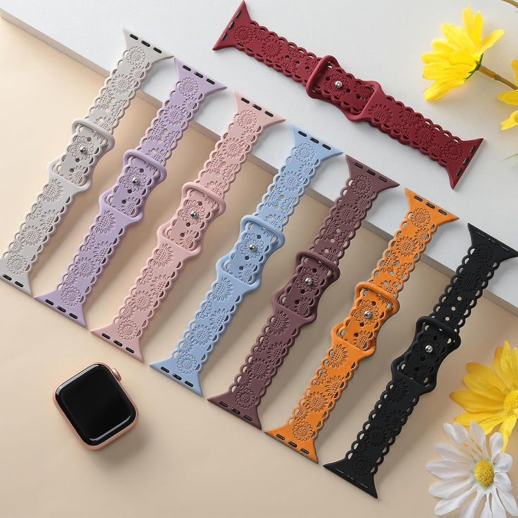 For Apple Watch SE 2023 44mm Lace Sunflower Embossed Silicone Watch Band(Black) by bashfashion