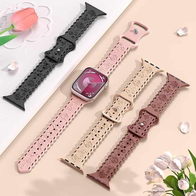 For Apple Watch SE 2023 44mm Lace 3D Rose Embossed Silicone Watch Band(Black) by bashfashion