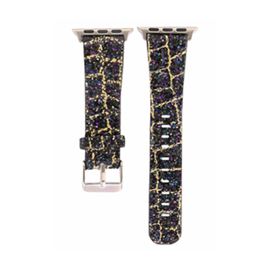 For Apple Watch Series 7 41mm / 6 & SE & 5 & 4 40mm / 3 & 2 & 1 38mm Glitter Sequins Leather Watch Band(Black Gold) by bashfashion