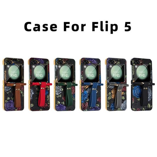 For Samsung Galaxy Z Flip5 VIETAO Integrated Embossed Pattern Full Coverage Phone Case with Wrist Strap(Brown) by VIETAO