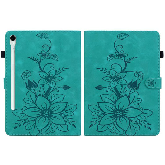For Samsung Galaxy Tab S10 FE+ Lily Embossed Leather Tablet Case with Pen(Green) by bashfashion