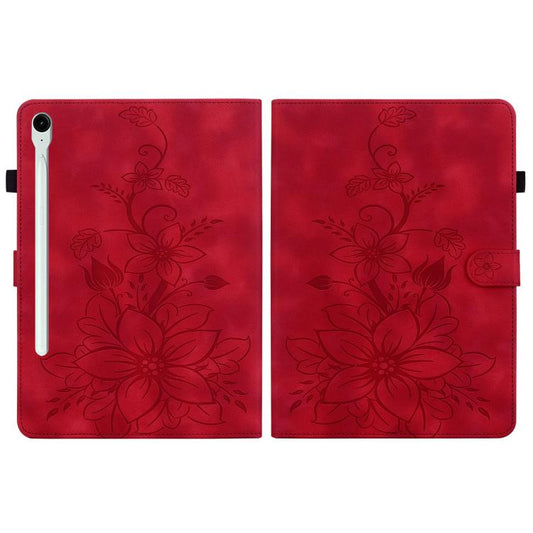 For Samsung Galaxy Tab S10 FE+ Lily Embossed Leather Tablet Case with Pen(Red) by bashfashion