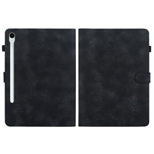 For Samsung Galaxy Tab S10 FE+ Lily Embossed Leather Tablet Case with Pen(Black) by bashfashion