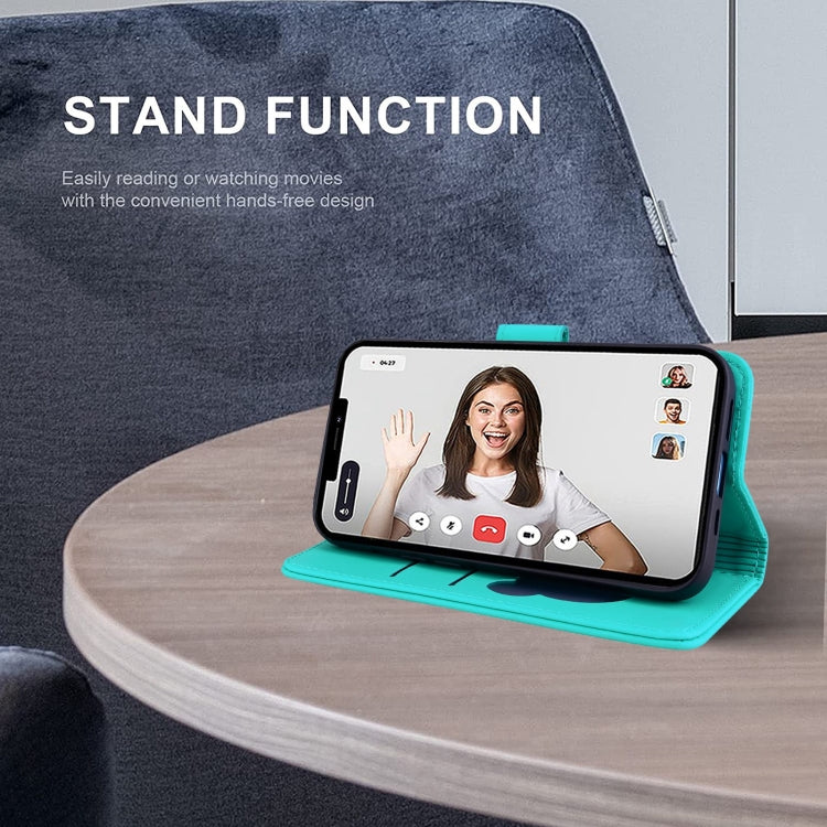 For iPhone 16e Cute Cat Embossed Leather Phone Case(Lake Blue) by bashfashion
