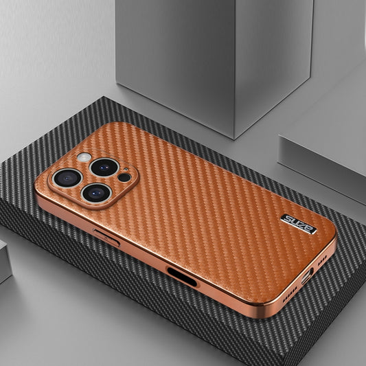 For iPhone 16 Pro Max AZNS Electroplated Edge Carbon Fiber Texture Phone Case(Brown) by AZNS