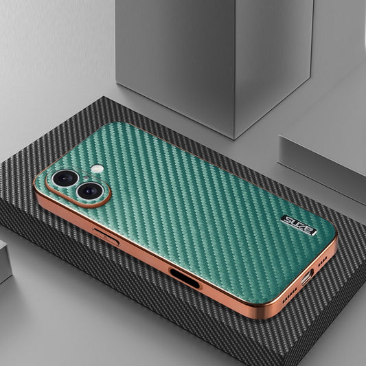 For iPhone 16 AZNS Electroplated Edge Carbon Fiber Texture Phone Case(Green) by AZNS