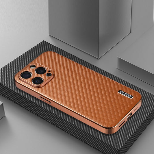 For iPhone 15 Pro Max AZNS Electroplated Edge Carbon Fiber Texture Phone Case(Brown) by AZNS