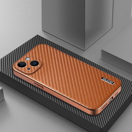 For iPhone 15 Plus AZNS Electroplated Edge Carbon Fiber Texture Phone Case(Brown) by AZNS