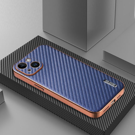 For iPhone 14 AZNS Electroplated Edge Carbon Fiber Texture Phone Case(Blue) by AZNS