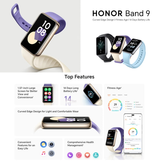 Honor Band 9, 1.57 inch AMOLED Screen, Support Heart Rate / Blood Oxygen / Sleep Monitoring, NFC Version(Purple) by Huawei