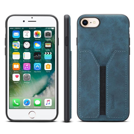For iPhone 16e Denior D07 DV Elastic Card Slot PU Back Cover Phone Case(Blue) by Denior