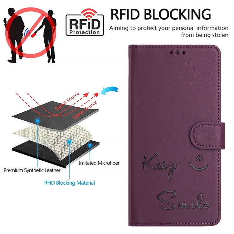 For iPhone SE 2024 Smile Embossing RFID Leather Phone Case(Violet) by bashfashion