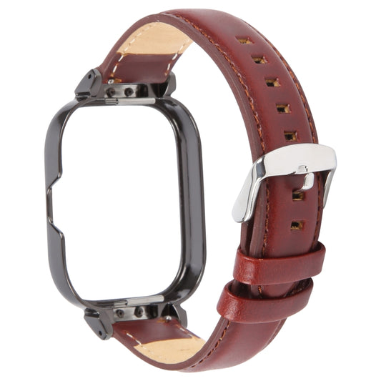 For Redmi Watch 4 Metal Black Frame Genuine Leather Watch Band(Wine Red) by bashfashion