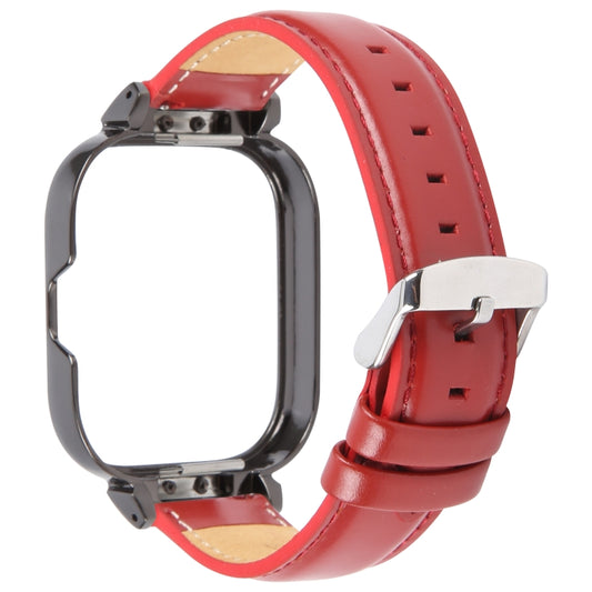 For Redmi Watch 4 Metal Black Frame Genuine Leather Watch Band(Red) by bashfashion