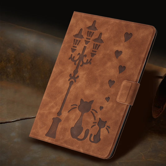 For Samsung Galaxy Tab A11+ / A9+ Embossed Couple Cat Smart Tablet Leather Case(Brown) by bashfashion