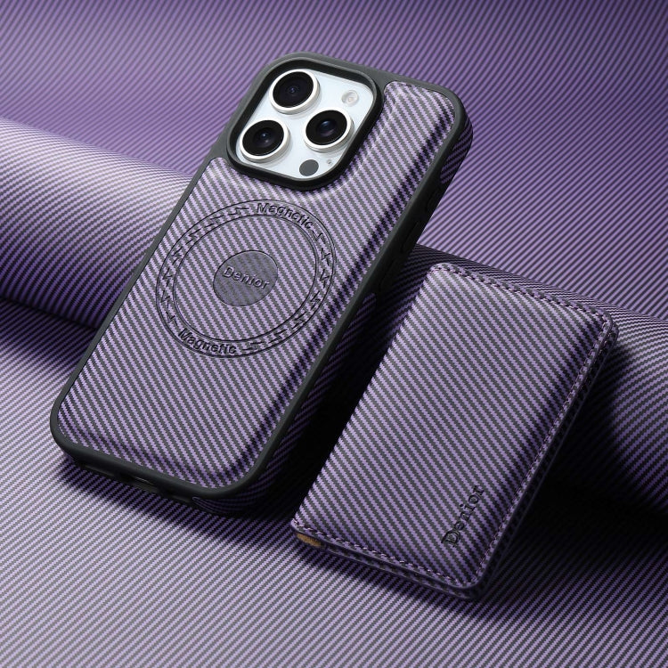 For iPhone 16 Pro Max Denior Carbon Fiber Texture Leather Card Bag MagSafe Phone Case(Purple) by Denior