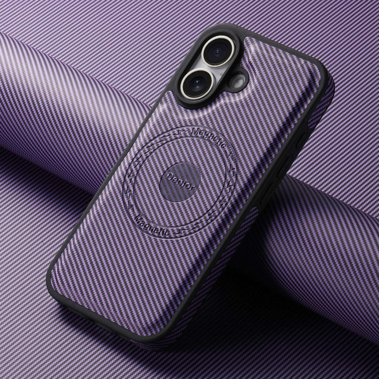 For iPhone 16 Plus Denior Carbon Fiber Texture Leather MagSafe Phone Case(Purple) by Denior
