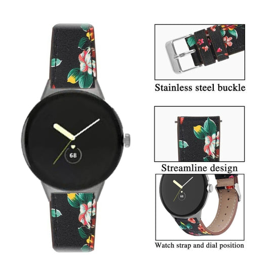 For Google Pixel Watch 3 45mm Round Tail Genuine Leather Watch Band(Black Red Flower) by bashfashion