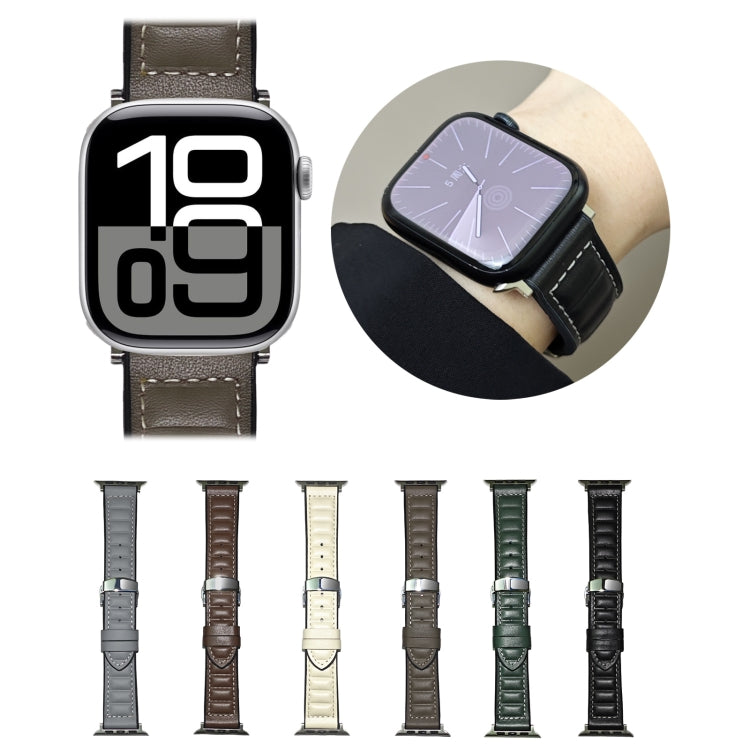 For Apple Watch 46mm / 49mm / 45mm / 44mm Striations Genuine Leather Butterfly Buckle Watch Band(Deep Coffee) by bashfashion