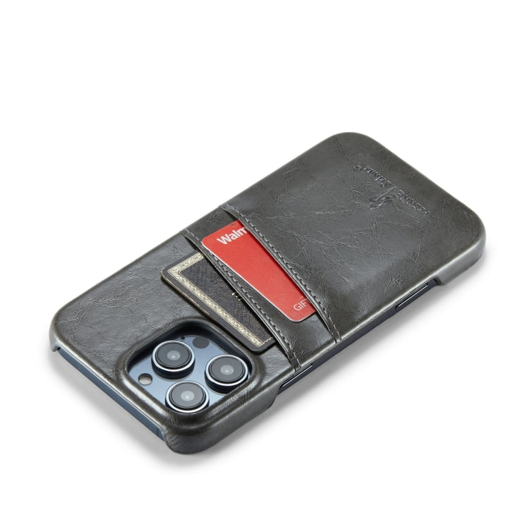 For iPhone 16 Pro Max Fierre Shann Retro Oil Wax Texture Card Slots PU Leather Phone Case(Grey) by FIERRE SHANN