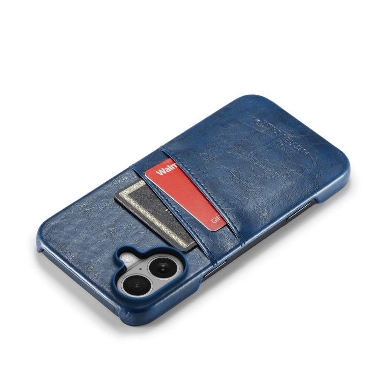 For iPhone 16 Plus Fierre Shann Retro Oil Wax Texture Card Slots PU Leather Phone Case(Blue) by FIERRE SHANN