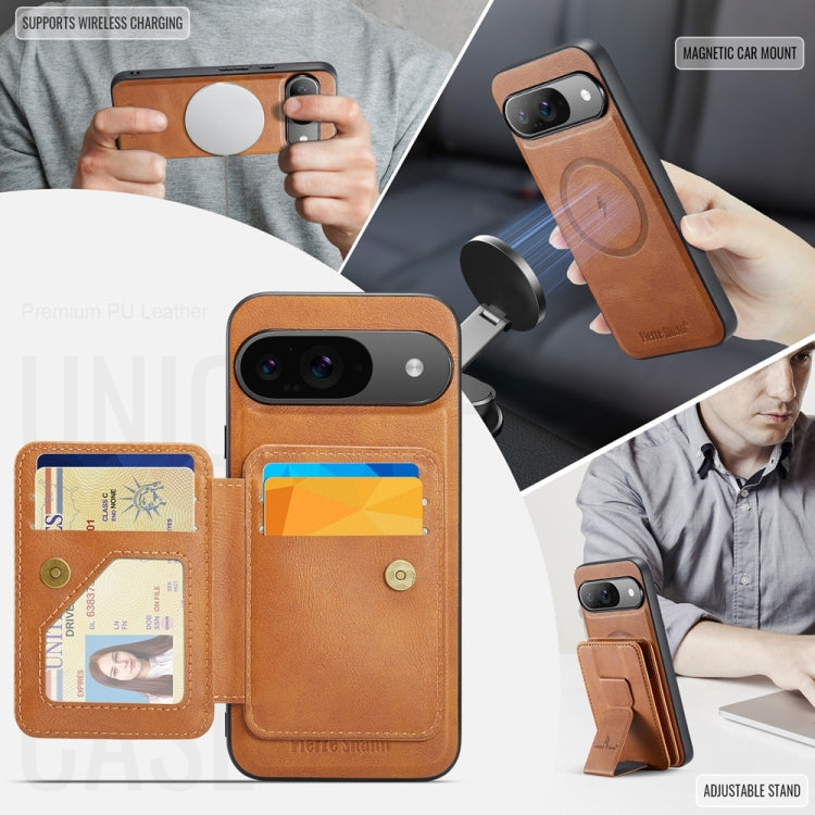 For Google Pixel 9 / 9 Pro Fierre Shann Cowhide Horizontal Flip Magnetic Card Holder Phone Case(Brown) by FIERRE SHANN