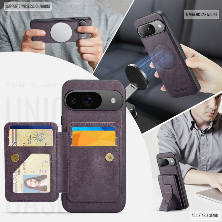 For Google Pixel 9 / 9 Pro Fierre Shann Cowhide Horizontal Flip Magnetic Card Holder Phone Case(Purple) by FIERRE SHANN