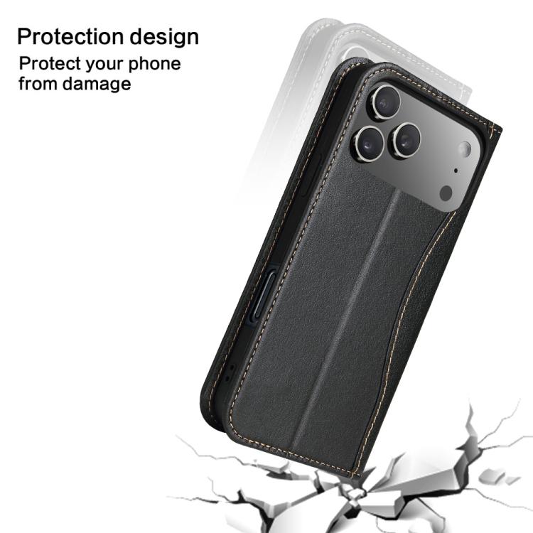 For iPhone 17 Pro Fierre Shann Cowhide Leather Flip Leather Phone Case(Black) by FIERRE SHANN