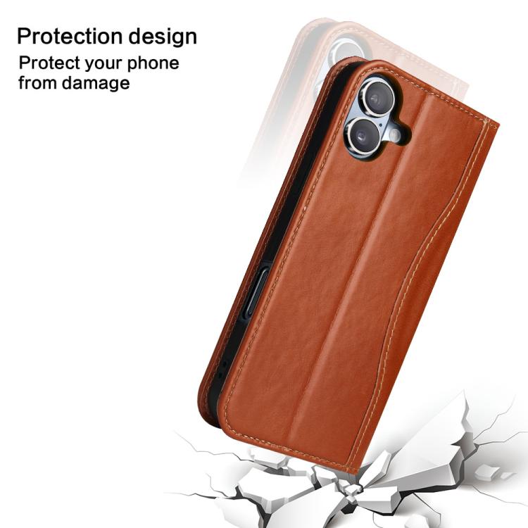 For iPhone 17 Fierre Shann Cowhide Leather Flip Leather Phone Case(Brown) by FIERRE SHANN