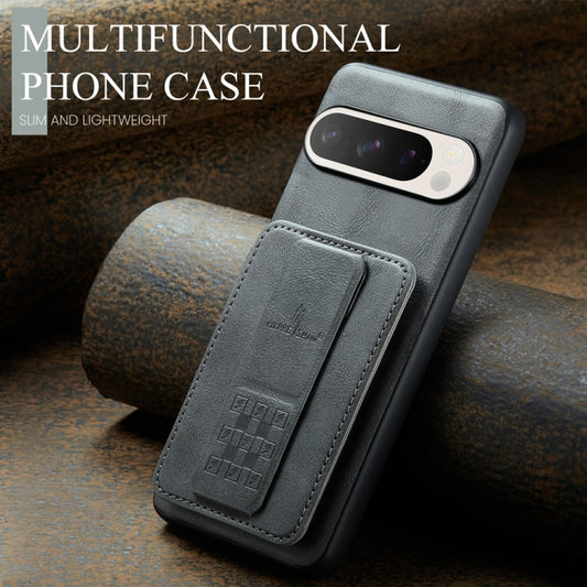 For Google Pixel 9 Pro XL Fierre Shann Oil Wax Cow Leather Card Holder Back Phone Case(Grey) by FIERRE SHANN