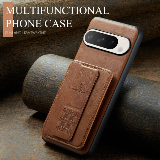 For Google Pixel 9 Pro XL Fierre Shann Oil Wax Cow Leather Card Holder Back Phone Case(Brown) by FIERRE SHANN